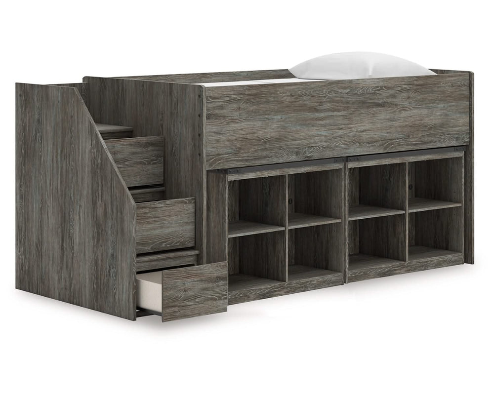 Cama alta individual Frandern con estantería