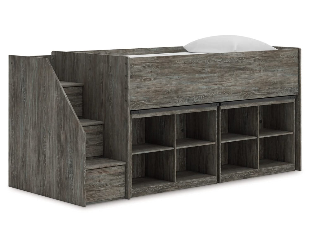 Cama alta individual Frandern con estantería
