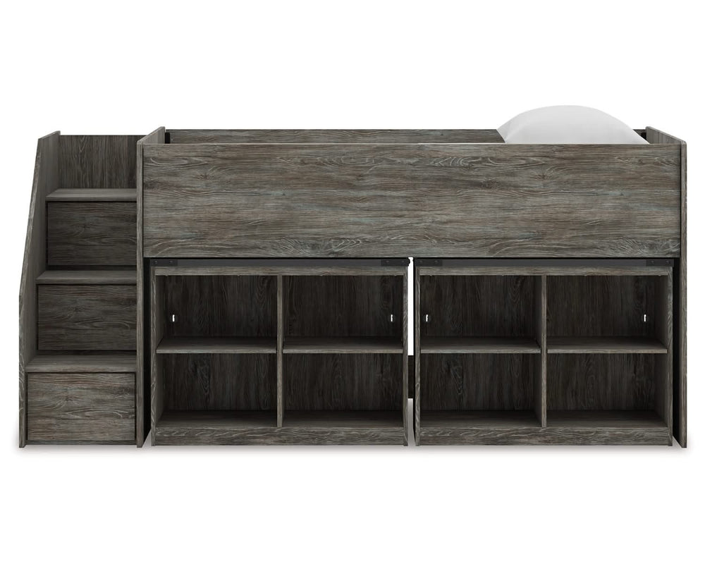 Cama alta individual Frandern con estantería