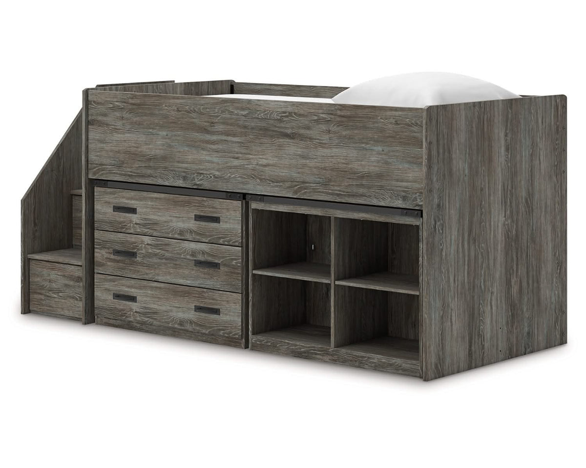 Cama alta individual Frandern con estantería y cajones de almacenamiento