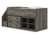 Cama alta individual Frandern con estantería y cajones de almacenamiento
