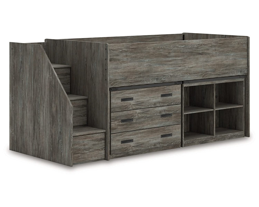 Cama alta individual Frandern con estantería y cajones de almacenamiento