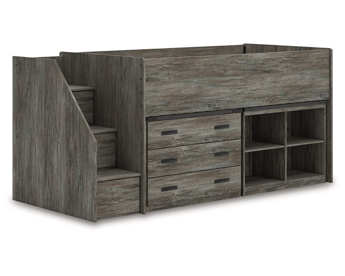 Cama alta individual Frandern con estantería y cajones de almacenamiento