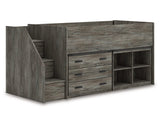 Cama alta individual Frandern con estantería y cajones de almacenamiento