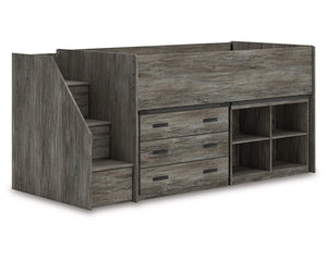 Cama alta individual Frandern con estantería y cajones de almacenamiento