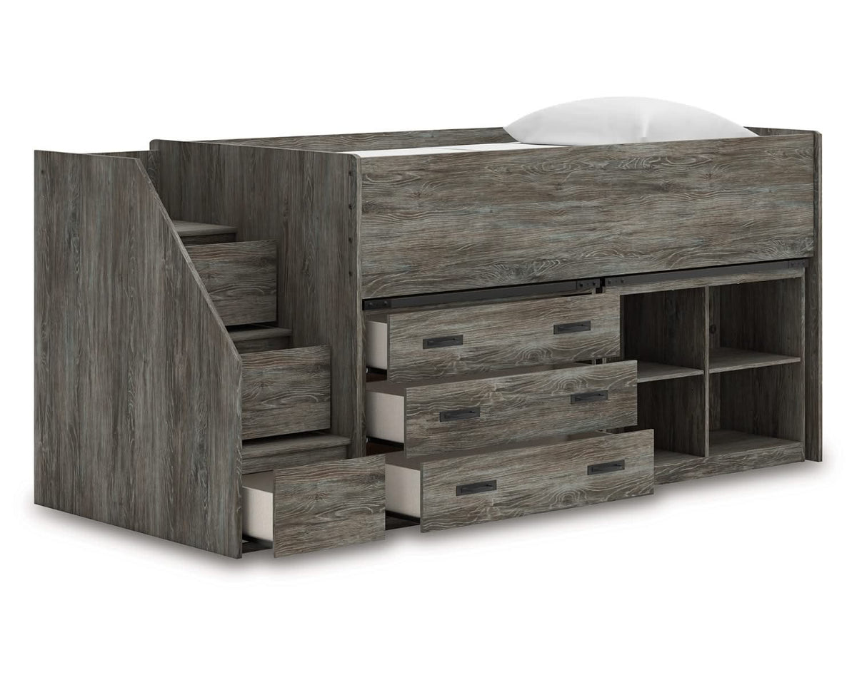 Cama alta individual Frandern con estantería y cajones de almacenamiento
