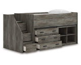 Cama alta individual Frandern con estantería y cajones de almacenamiento