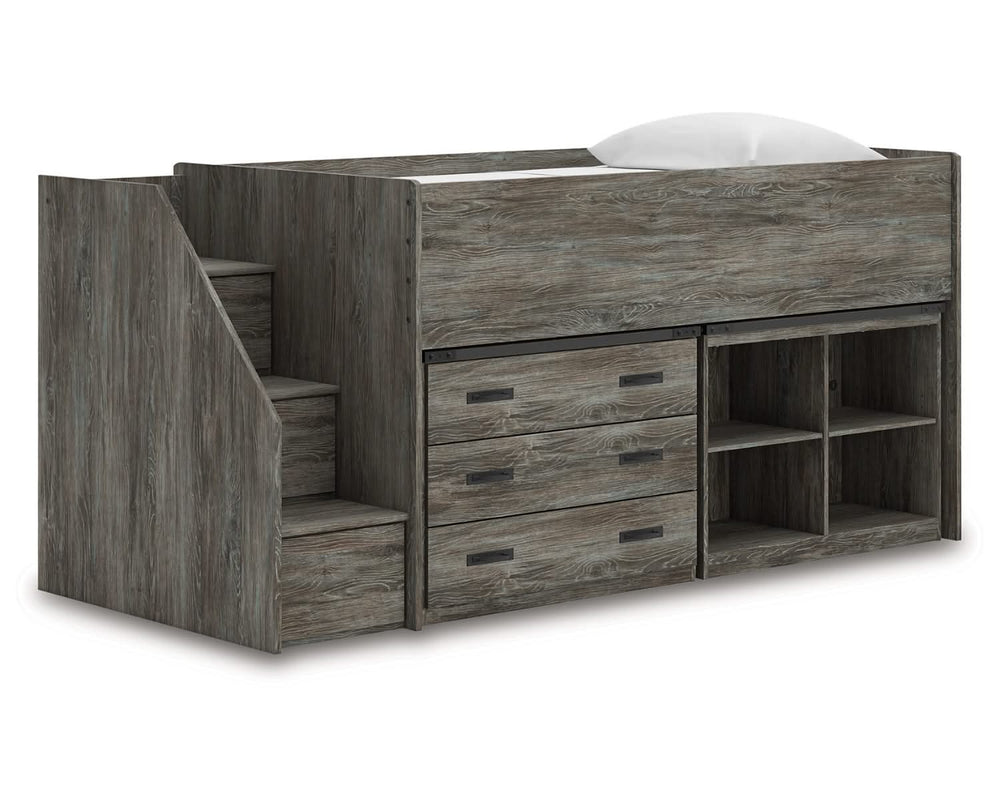Cama alta individual Frandern con estantería y cajones de almacenamiento