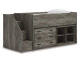 Cama alta individual Frandern con estantería y cajones de almacenamiento