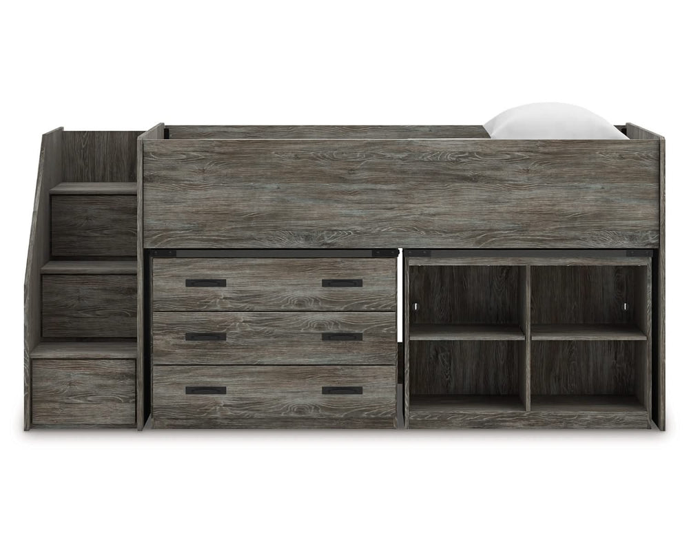 Cama alta individual Frandern con estantería y cajones de almacenamiento