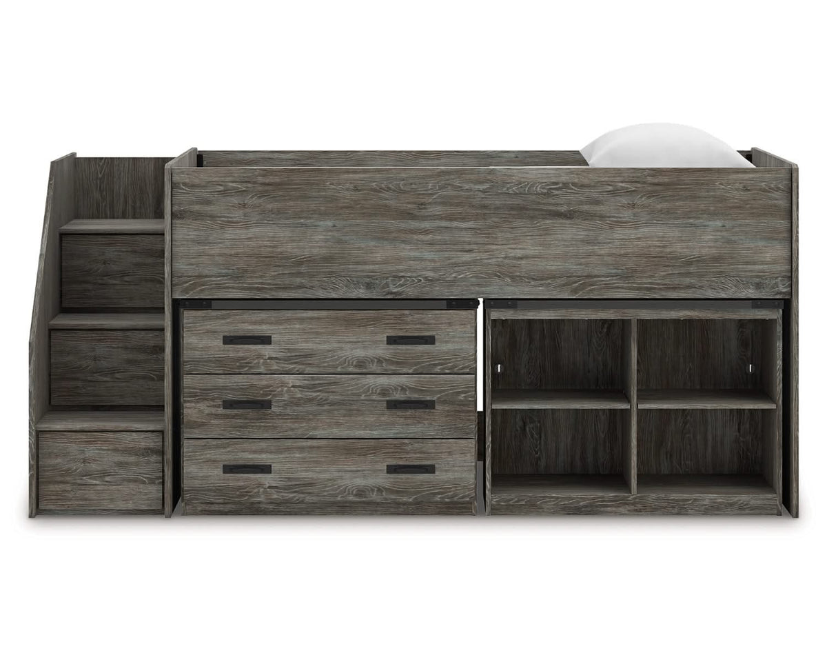 Cama alta individual Frandern con estantería y cajones de almacenamiento