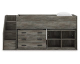 Cama alta individual Frandern con estantería y cajones de almacenamiento