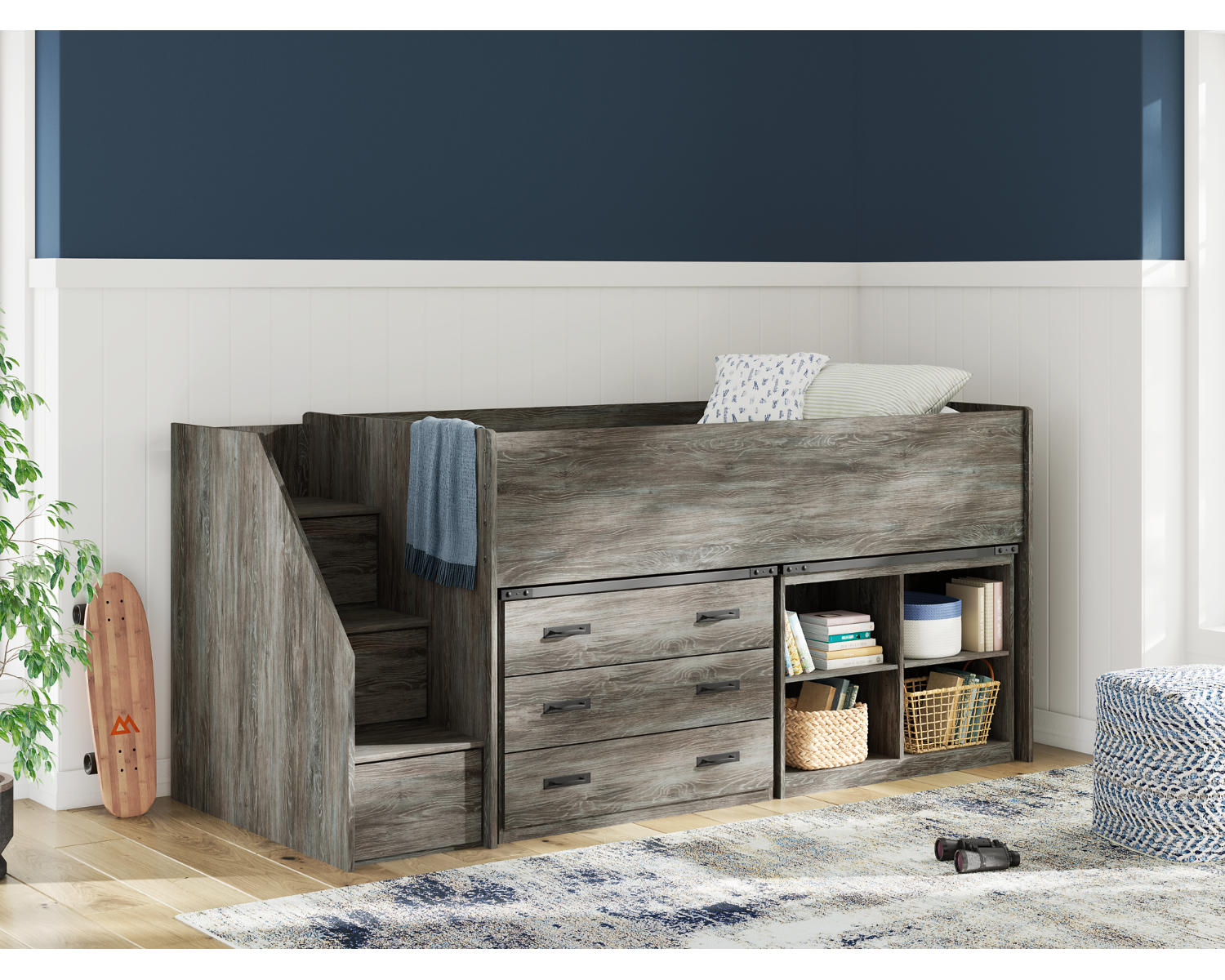 Frandern Twin Loft  Bed with Bookcase and Drawer Storage