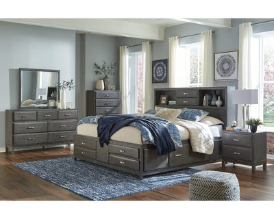 Cama Queen Caitbrook con almacenaje, tocador, espejo, cómoda y dos mesitas de noche