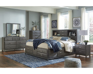 Cama King Caitbrook con almacenaje, cómoda y espejo