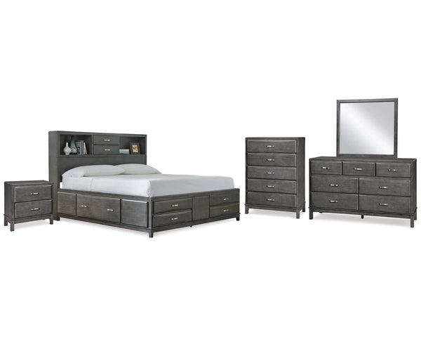 Cama Queen Caitbrook con almacenaje, tocador, espejo, cómoda y mesita de noche