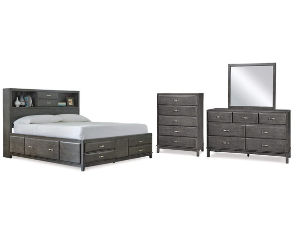 Cama Queen Caitbrook con almacenaje, tocador, espejo y cómoda