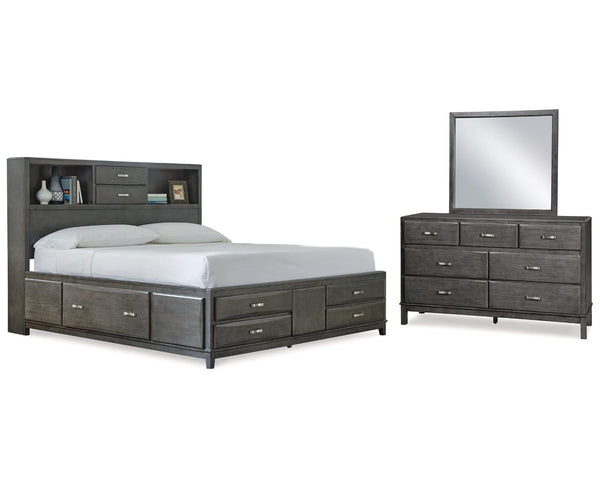 Cama Queen Caitbrook con almacenaje, tocador y espejo