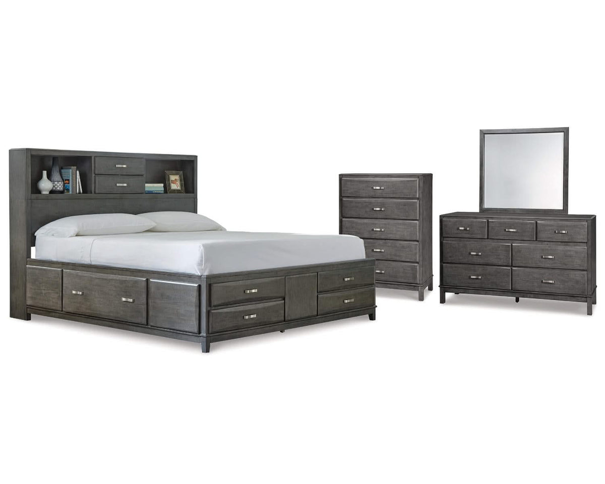 Cama California King con almacenaje, tocador, espejo y cómoda Caitbrook