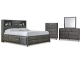 Cama California King con almacenaje, tocador, espejo y cómoda Caitbrook