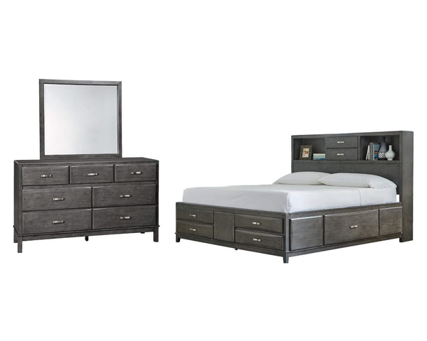 Cama California King con almacenaje, tocador y espejo Caitbrook