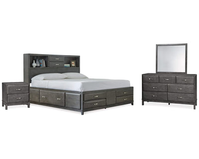Cama King Caitbrook con almacenaje, tocador, espejo, cómoda y mesita de noche