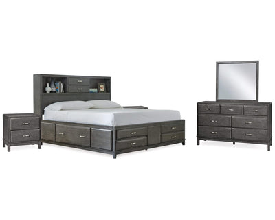 Cama King Caitbrook con almacenaje, tocador, espejo y dos mesitas de noche