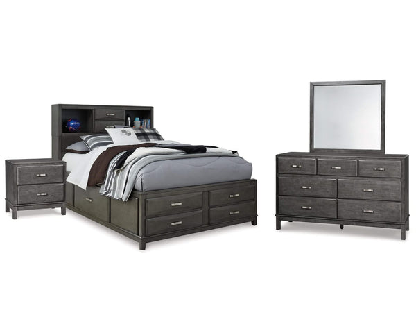 Cama Caitbrook con almacenaje completo, tocador, espejo y mesita de noche
