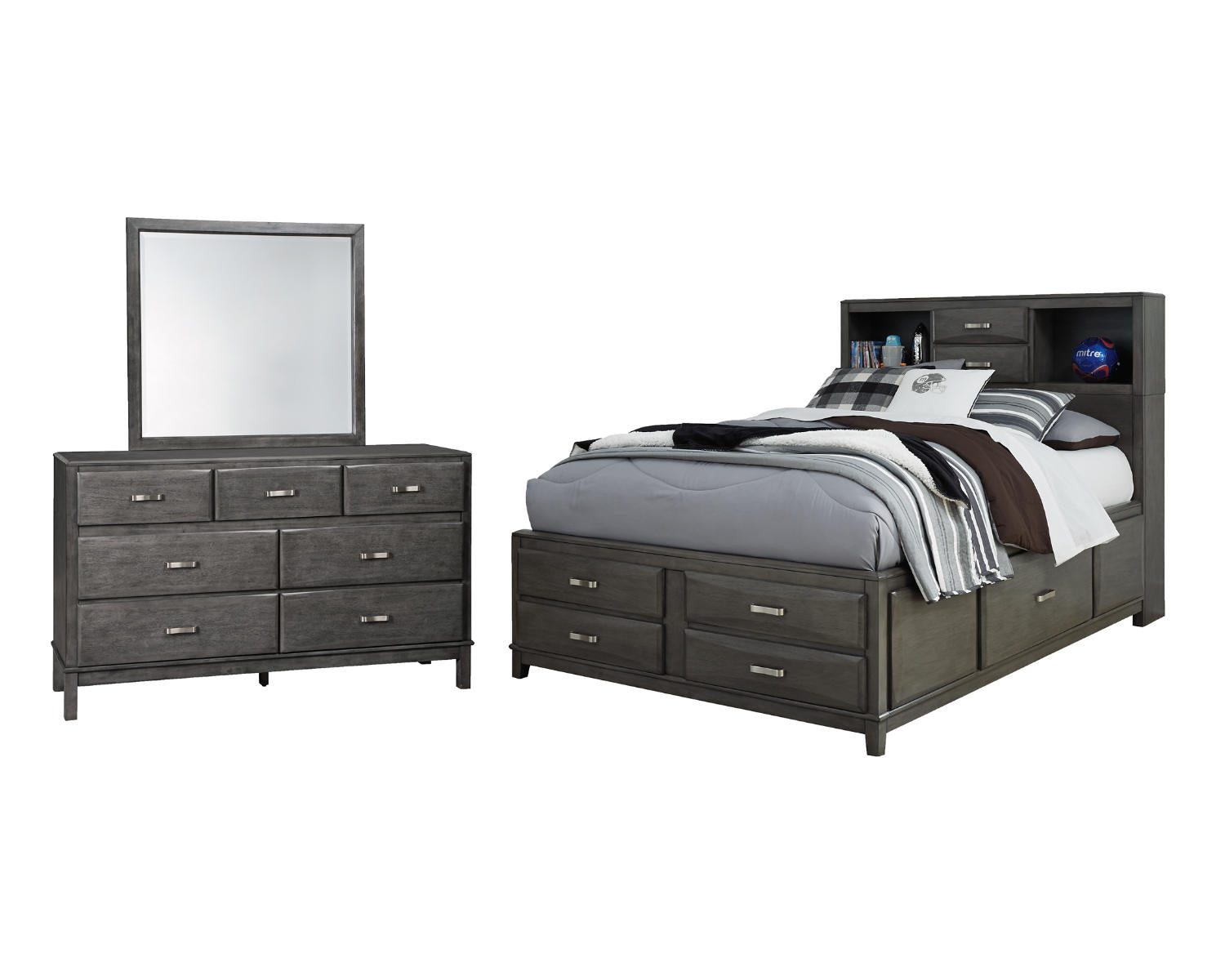 Caitbrook Full Storage Bed with Mirrored Dresser