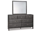 Cama King Caitbrook con almacenaje, cómoda y espejo