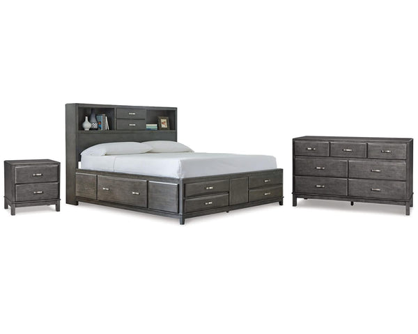 Cama Queen Caitbrook con almacenaje, cómoda y mesita de noche