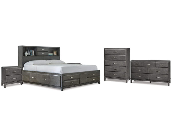 Cama Queen Caitbrook con almacenaje, cómoda, arcón y dos mesitas de noche