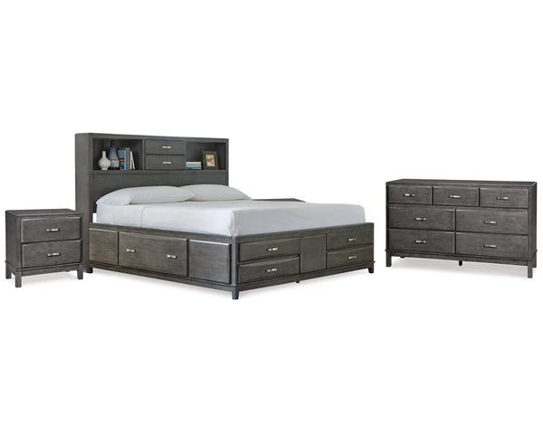 Cama Queen Caitbrook con espacio de almacenamiento, cómoda y dos mesitas de noche