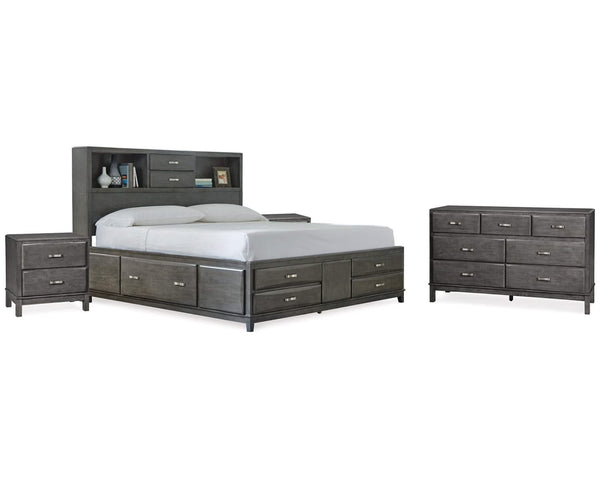 Cama California King Caitbrook con almacenaje, cómoda y dos mesitas de noche
