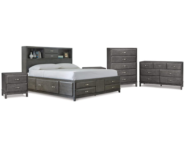 Cama King Caitbrook con almacenaje, cómoda, arcón y dos mesitas de noche