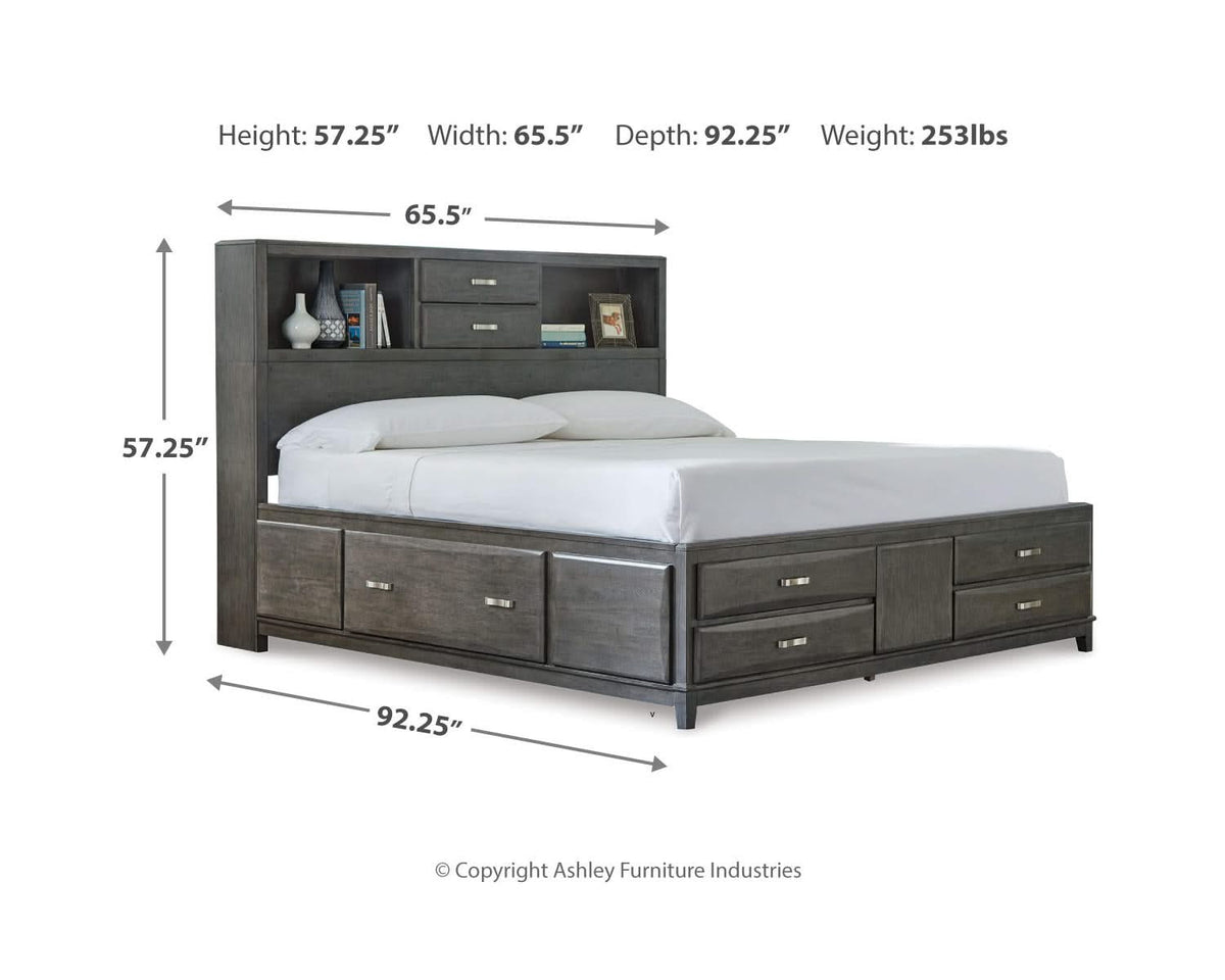 Cama Queen Caitbrook con almacenaje, tocador, espejo, cómoda y dos mesitas de noche
