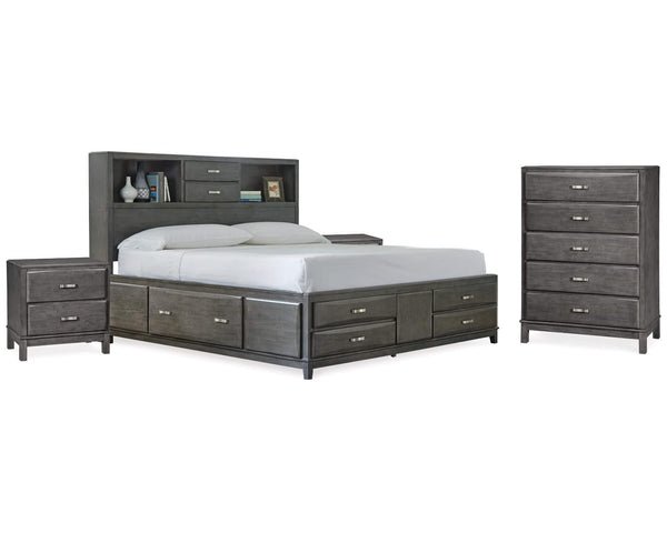 Cama King Caitbrook con almacenaje, cómoda y dos mesitas de noche