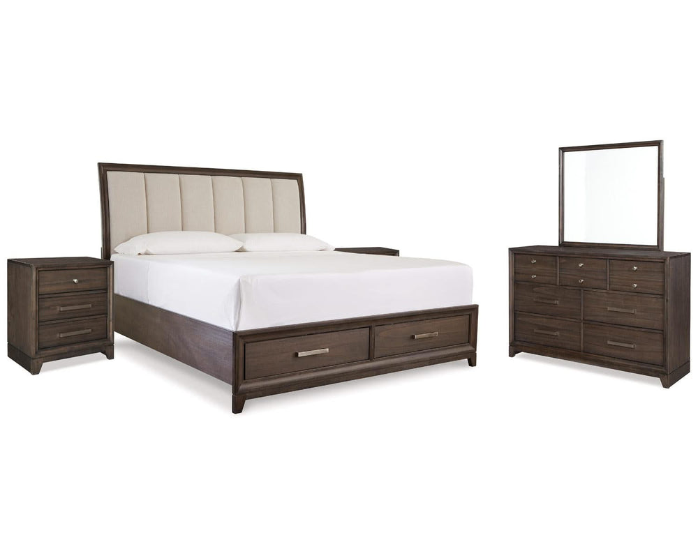 Cama King tapizada Brueban con paneles, cómoda, espejo y dos mesitas de noche