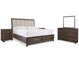 Cama King tapizada Brueban con paneles, cómoda, espejo y dos mesitas de noche