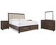 Cama King tapizada Brueban con paneles, cómoda, espejo y dos mesitas de noche