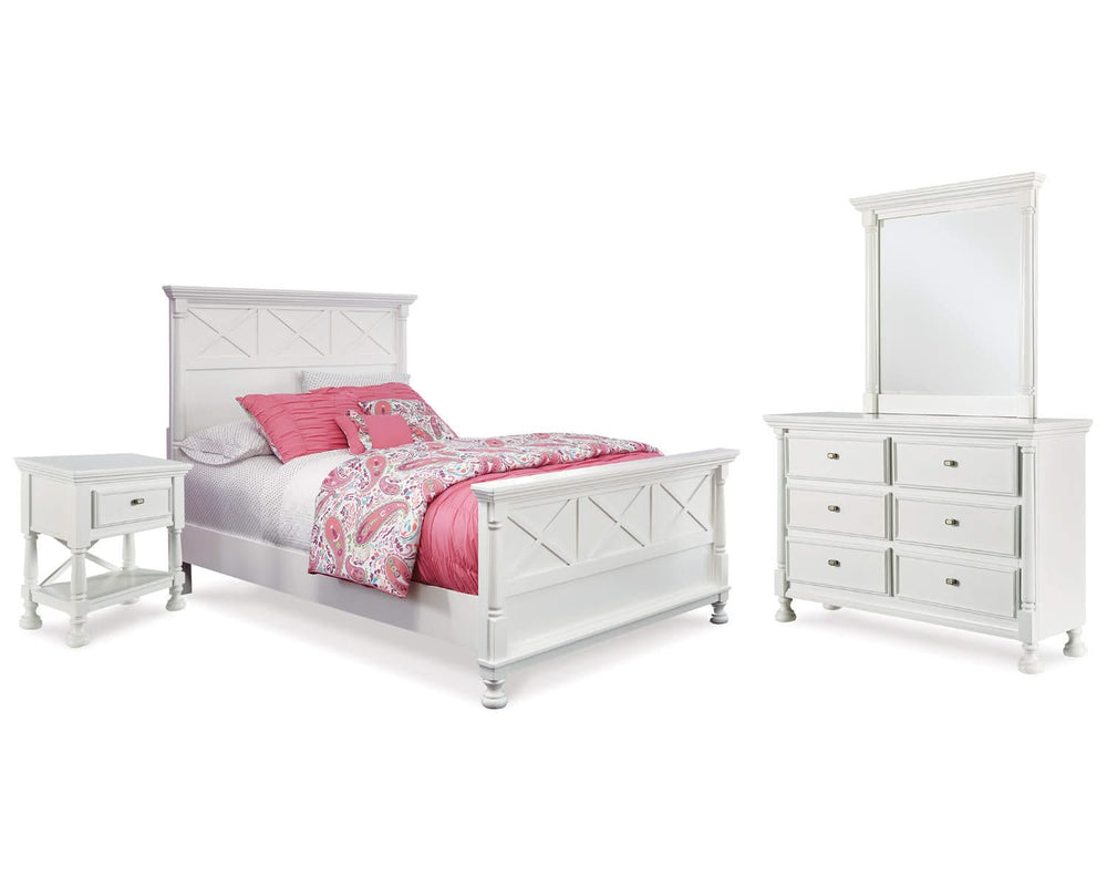 Cama Kaslyn con paneles completos, tocador, espejo y mesita de noche