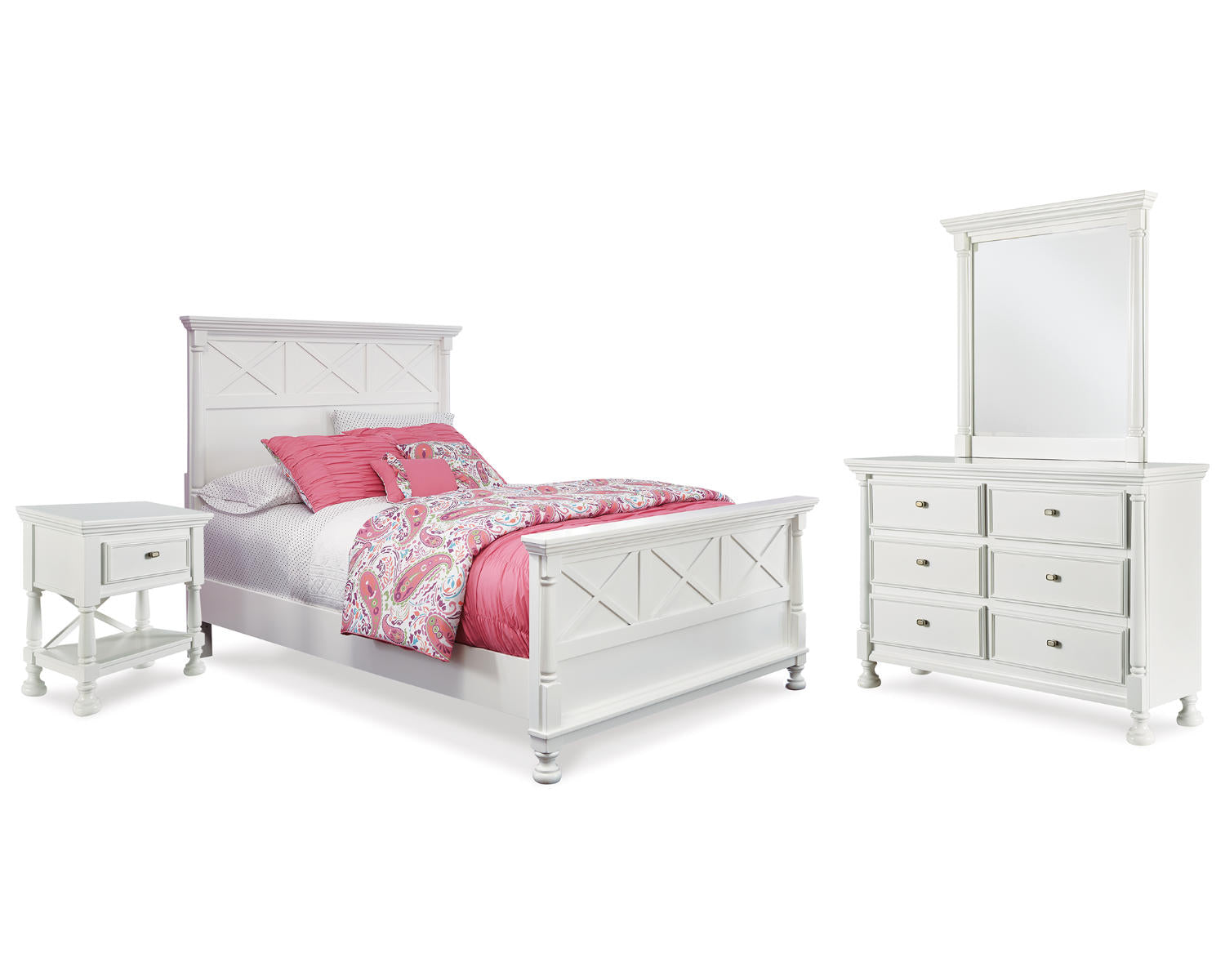 Kaslyn Full Panel Bed, Dresser, Mirror and Nightstand