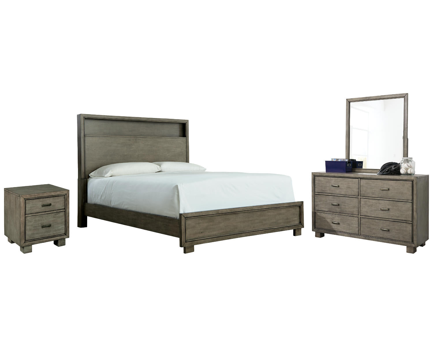 Arnett Queen Bed with Mirrored Dresser and Nightstand