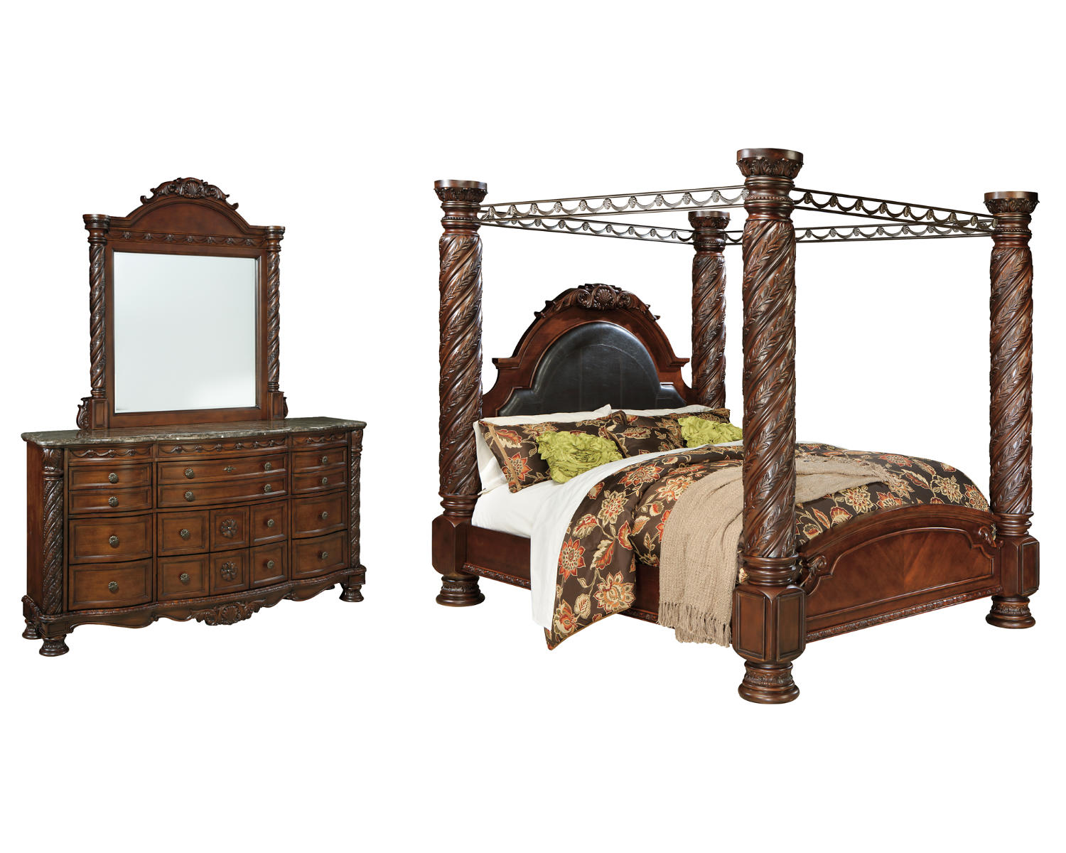 North Shore California King Poster Bed with Mirrored Dresser