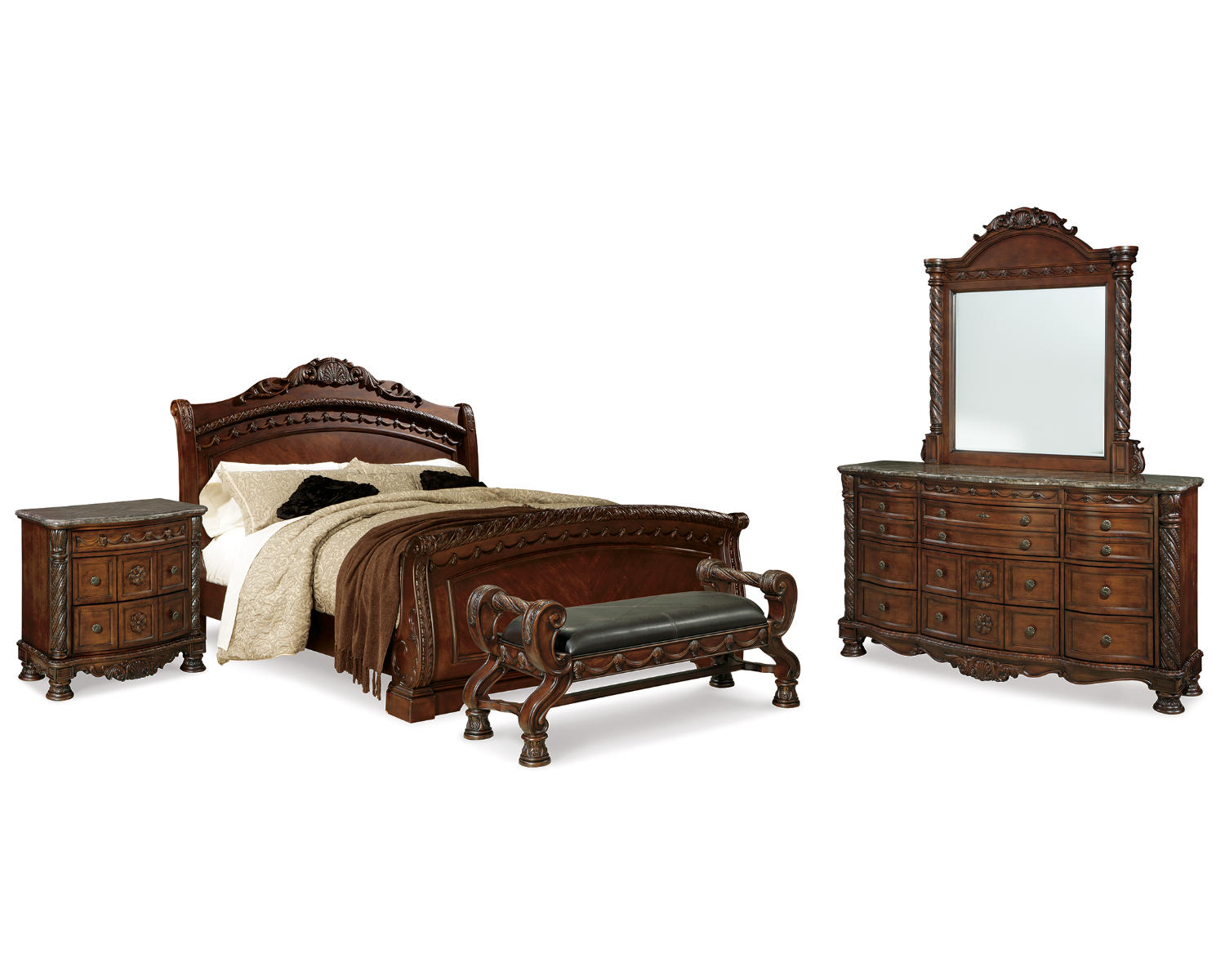 North Shore Queen Sleigh Bed, Dresser, Mirror, Nightstand and Bench
