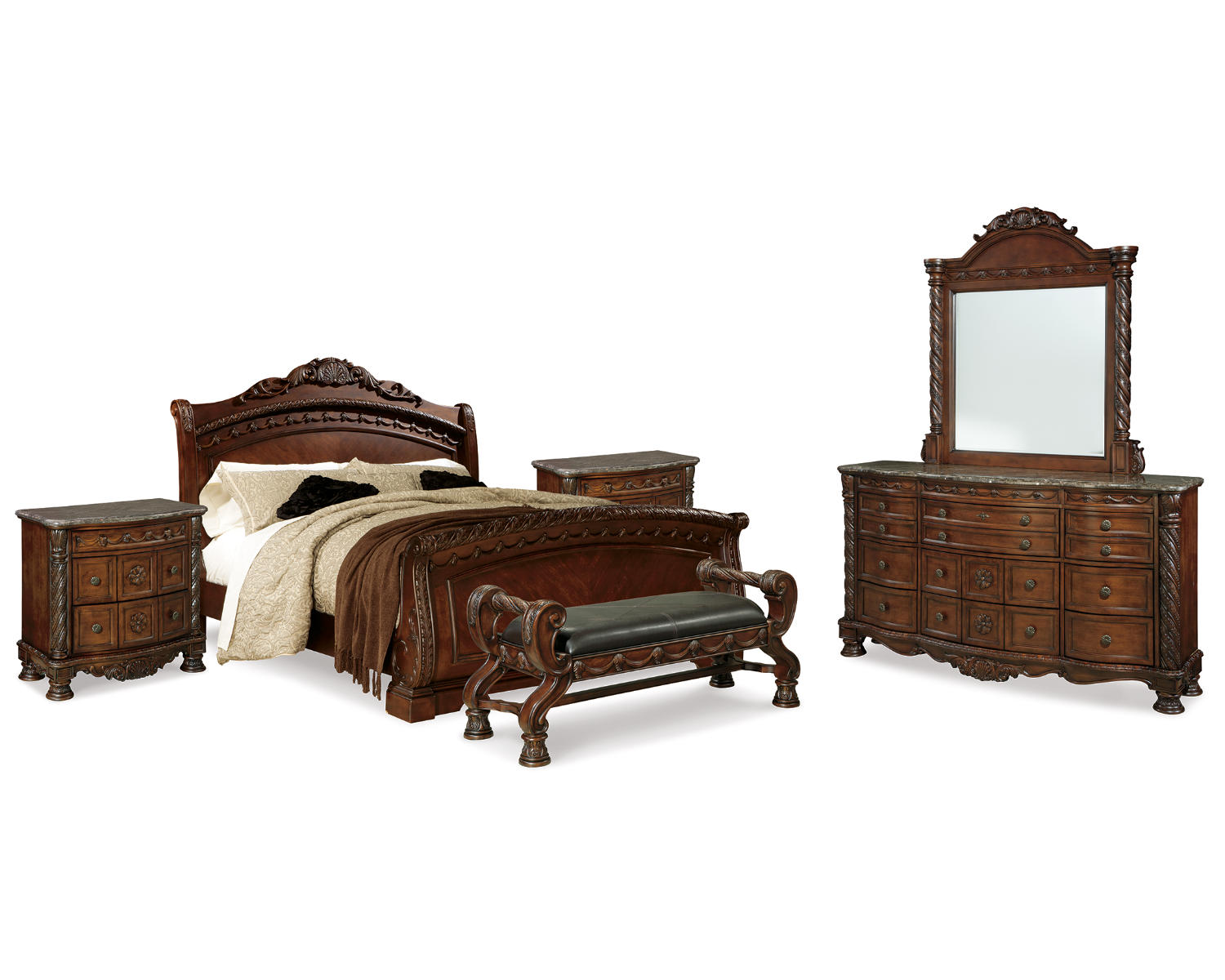 North Shore Queen Sleigh Bed, Dresser, Mirror, 2 Nightstands and Bench