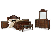 North Shore Queen Sleigh Bed, Dresser, Mirror, 2 Nightstands and Bench