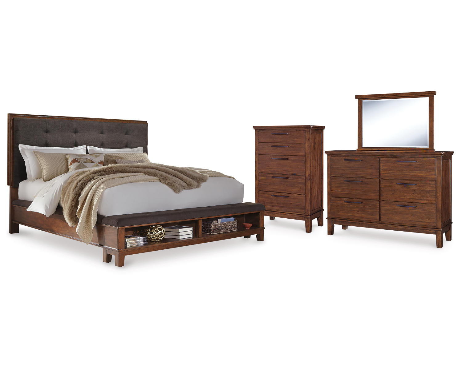 Ralene Queen Upholstered Panel Bed, Dresser, Mirror and Chest