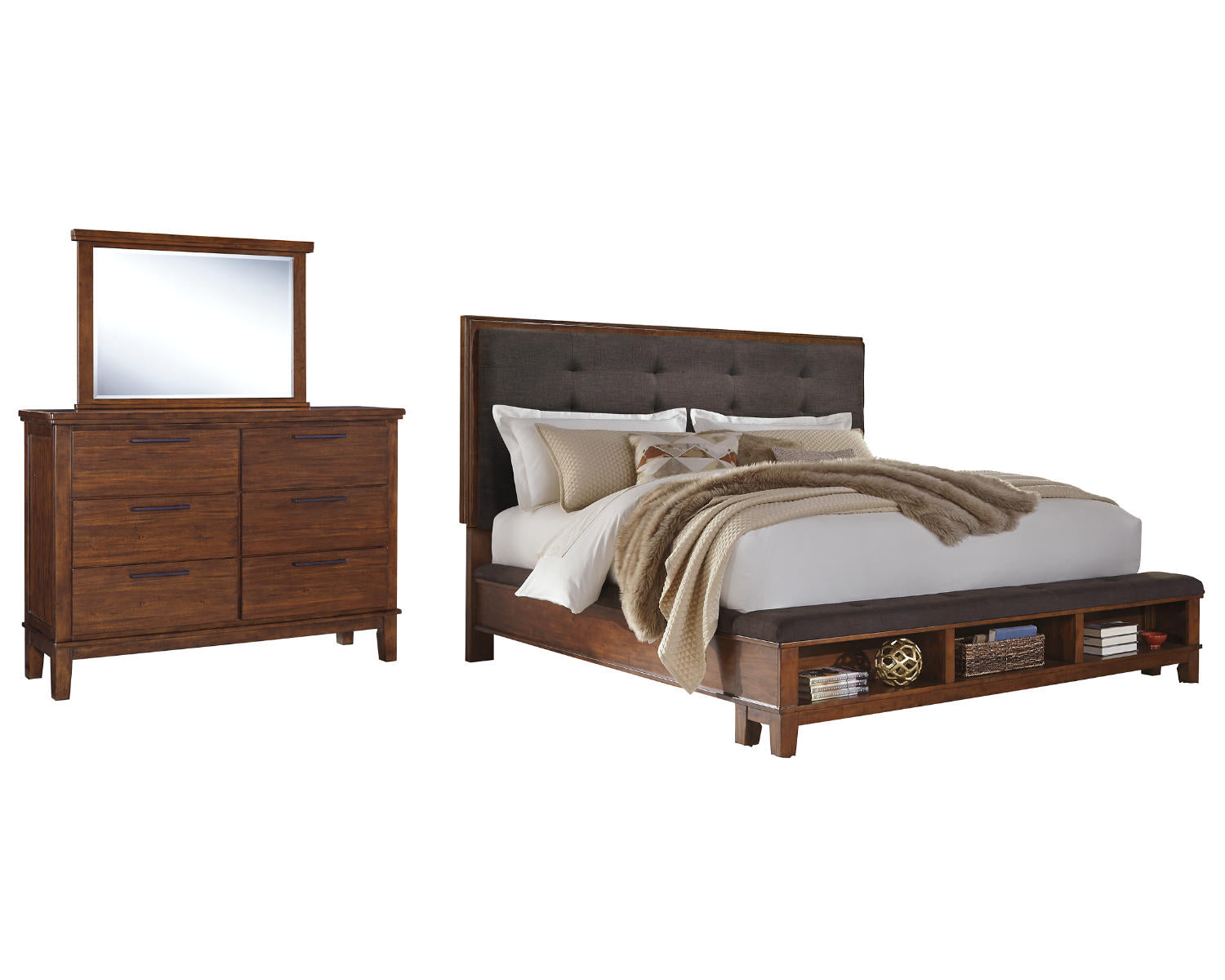 Ralene Queen Upholstered Storage Bed with Mirrored Dresser