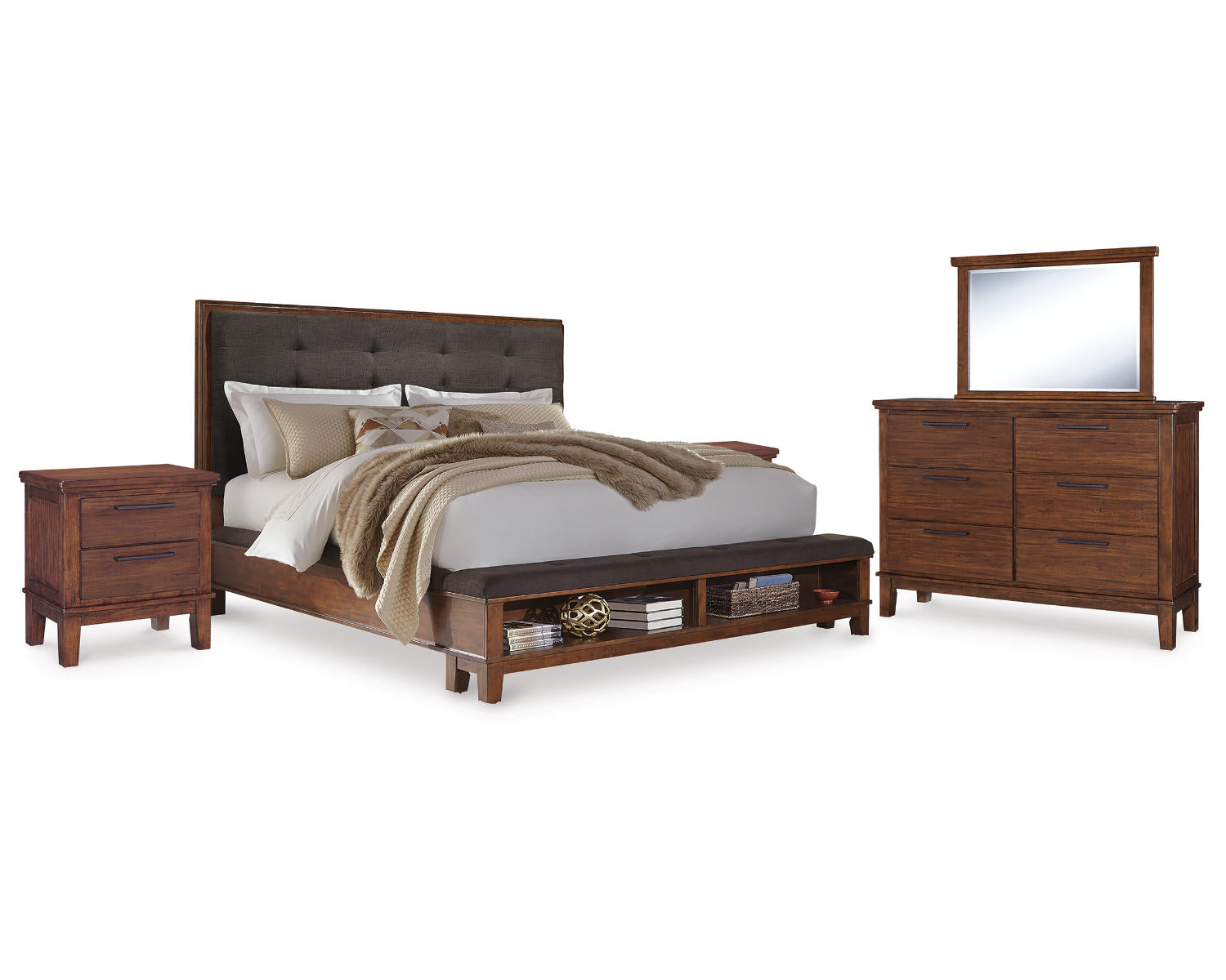 Ralene King Upholstered Storage Bed, Dresser, Mirror and 2 Nightstands
